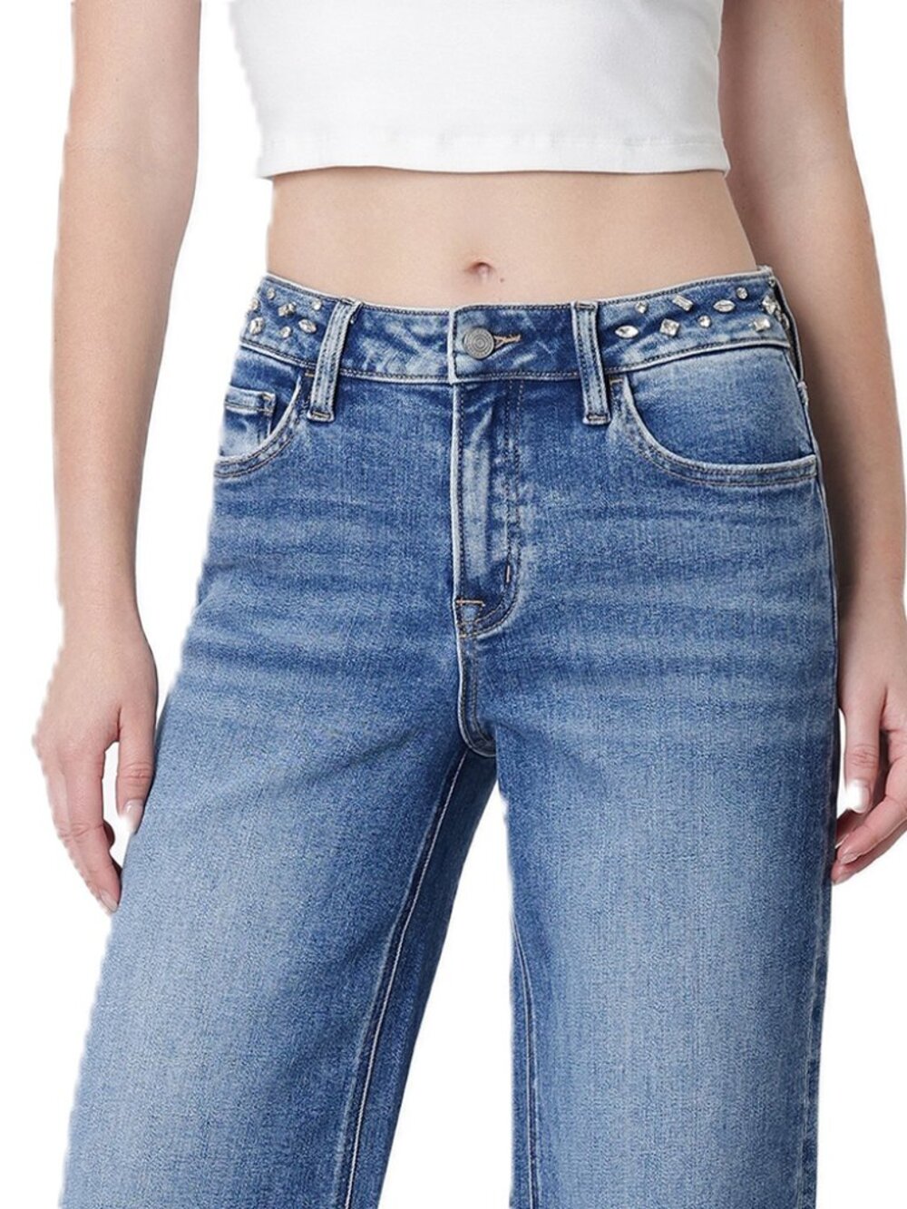 VERVET High Rise Rhinestone Embellished Waistband Wide Leg Jeans